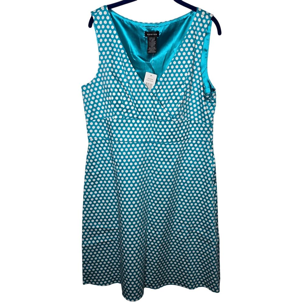 Spense Sleeveless Blue and White Polka Dot V-Neck Dress Size 16 NWT